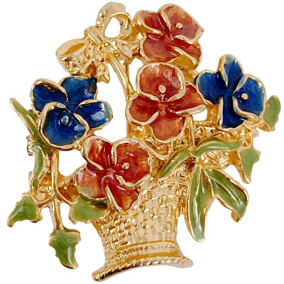 Vintage 60s Brooch Enamel Flower Basket Mid Century Jewelry Gold Tone Garden Pin - Picture 1 of 8